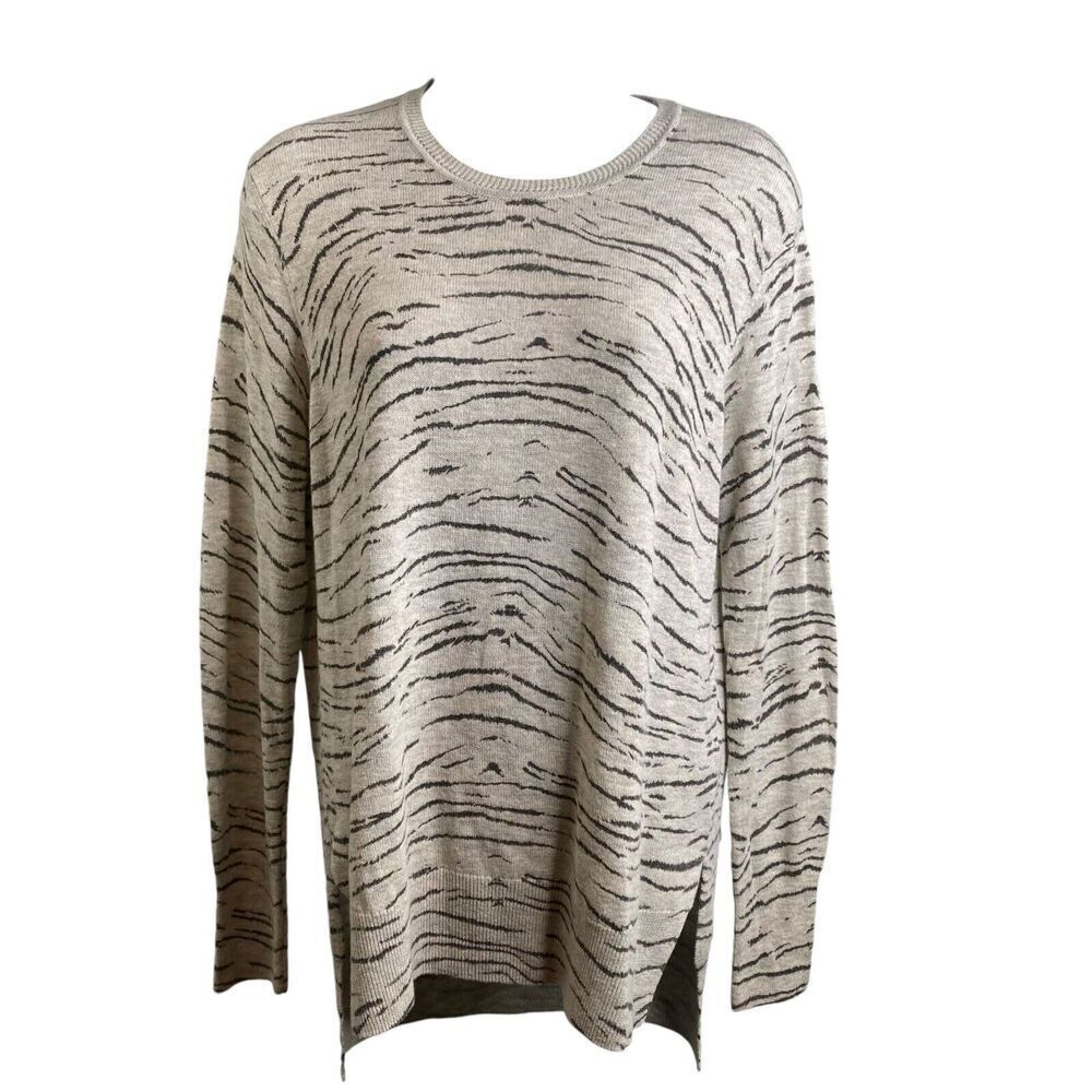Rebecca Taylor Women's Gray Crew Neck Zebra Print Sweater Size L Lightweight